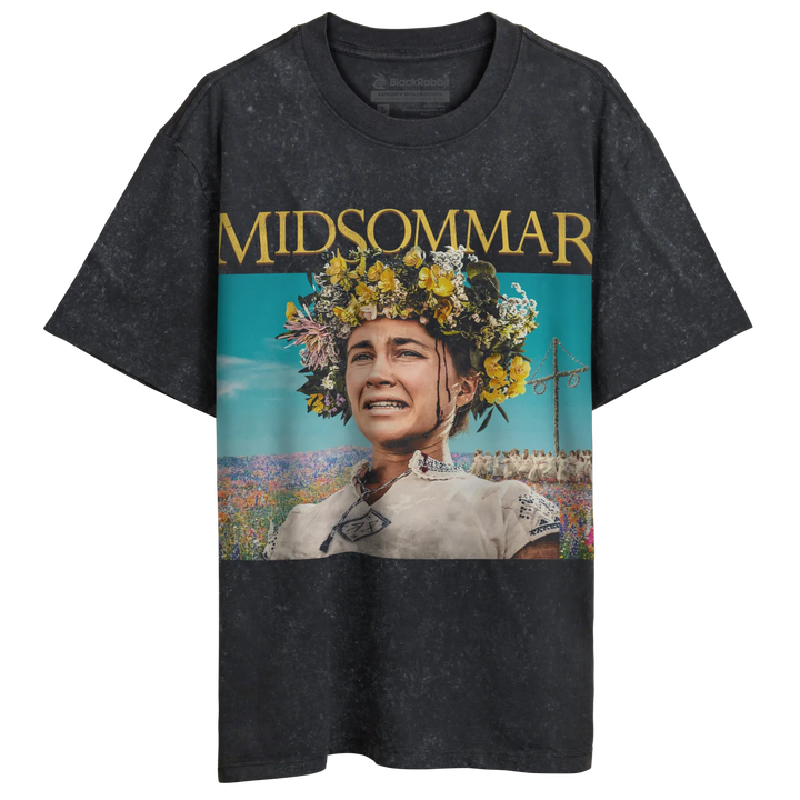 A dark gray graphic t-shirt featuring a still from the movie ’Midsommar.’