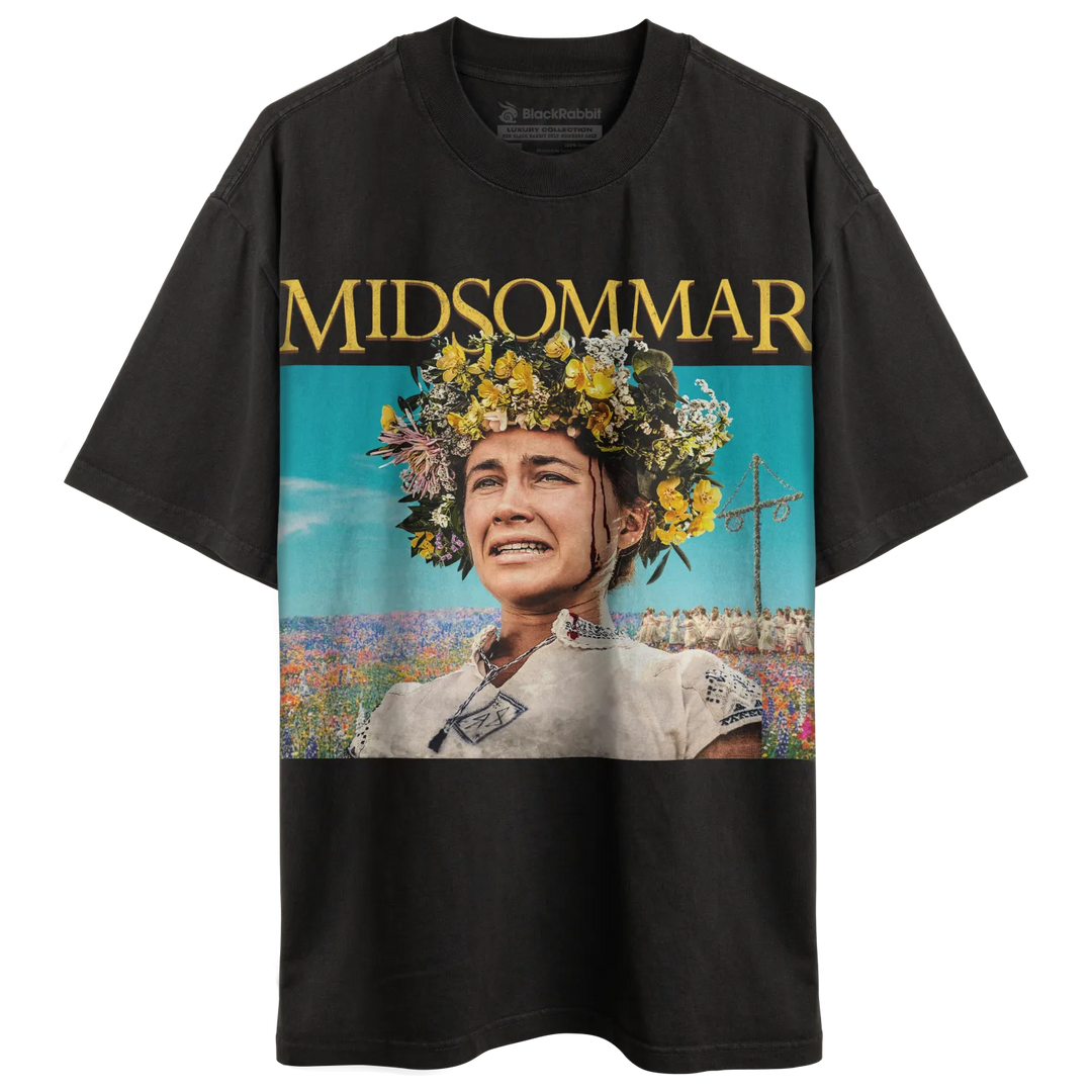 Black short-sleeve crewneck t-shirt with a full-color graphic print of a woman in a flower crown.
