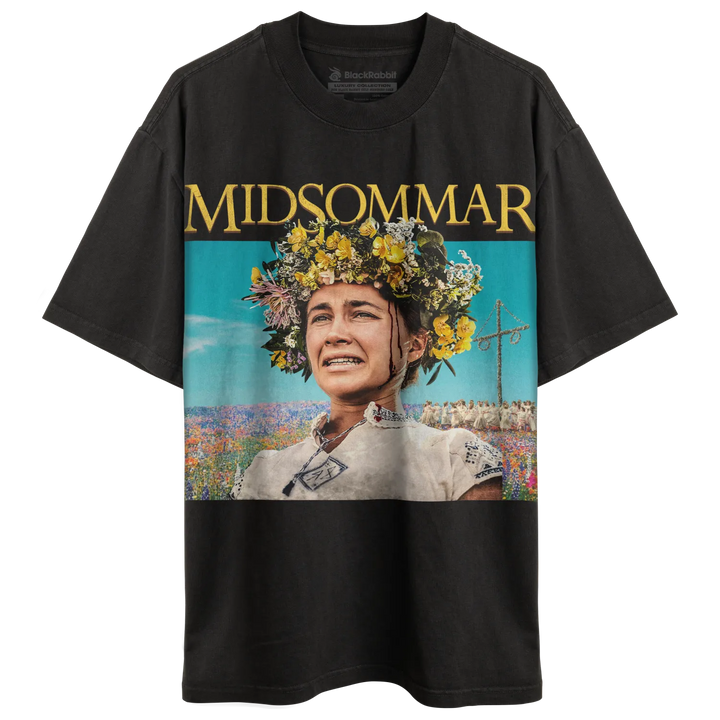 Black short-sleeve crewneck t-shirt with a full-color graphic print of a woman in a flower crown.