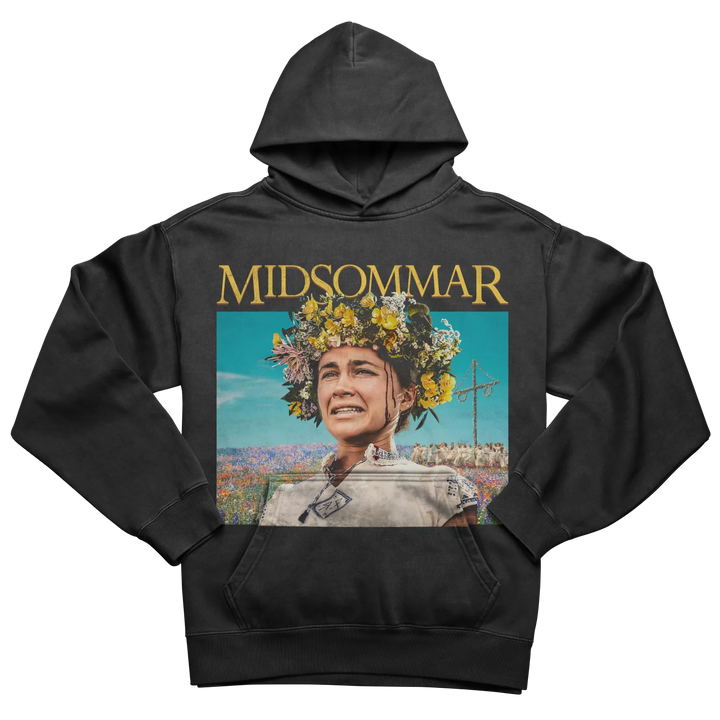 Black hooded sweatshirt featuring a ’Midsommar’ movie poster graphic.