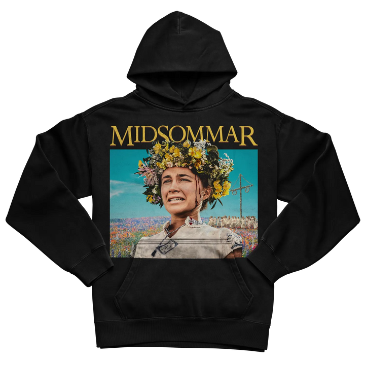 Black hoodie with ’midsommar’ graphic design featuring a woman in floral crown.