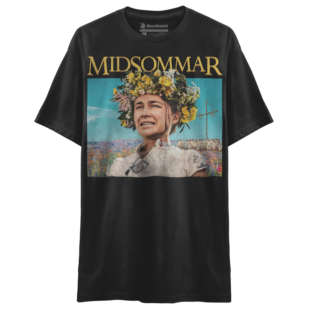 Black short-sleeved t-shirt with a ’Midsommar’ movie poster graphic.