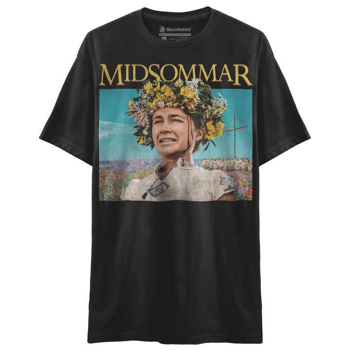 Black short-sleeved t-shirt with a ’Midsommar’ movie poster graphic.