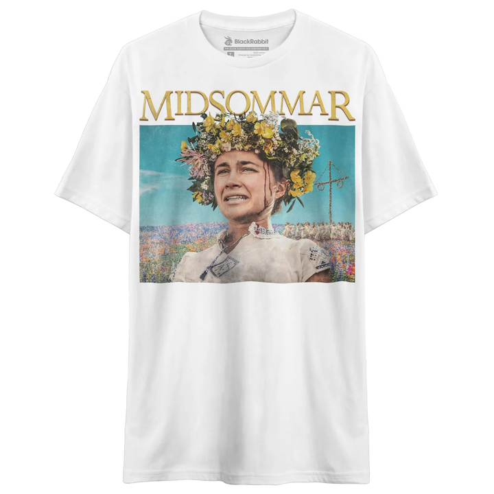 White short-sleeved t-shirt with a graphic print of a woman wearing a floral crown.