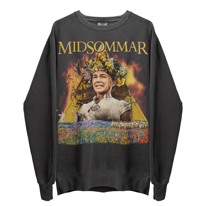 Dark gray long-sleeve sweatshirt with a ’Midsommar’ movie poster graphic.