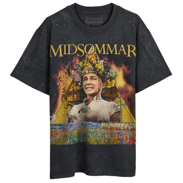 Distressed black short-sleeved t-shirt with a graphic print of a woman in a floral crown and the word ’MIDSOMMAR.’
