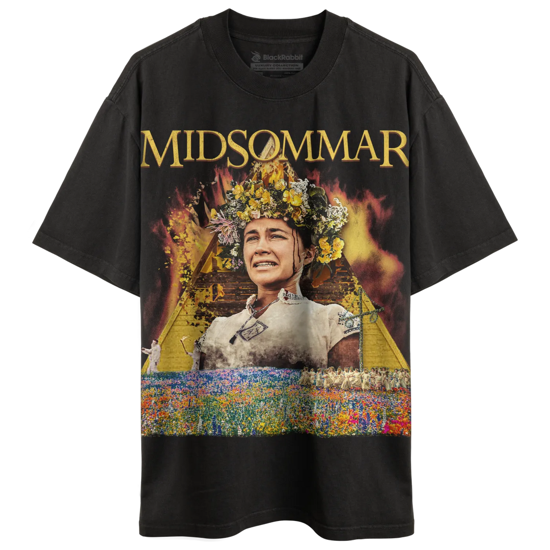 Black short-sleeved t-shirt with a colorful graphic print featuring a character from the movie ’Midsommar.’