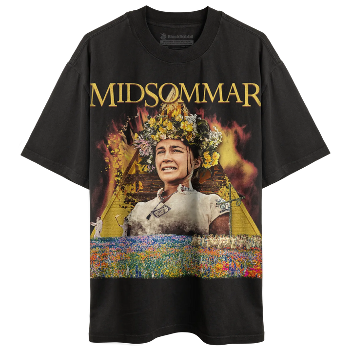 Black short-sleeved t-shirt with a colorful graphic print featuring a character from the movie ’Midsommar.’