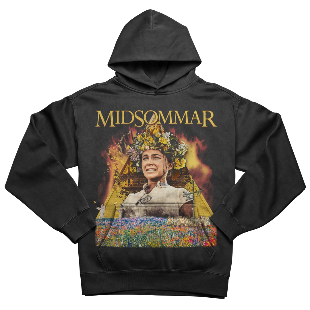 Black hoodie featuring a graphic print of a woman wearing a flower crown, surrounded by flames, and a colorful field of flowers at the bottom.