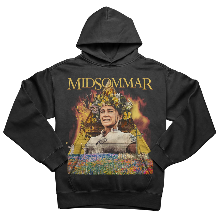 Black hoodie featuring a graphic print of a woman wearing a flower crown, surrounded by flames, and a colorful field of flowers at the bottom.