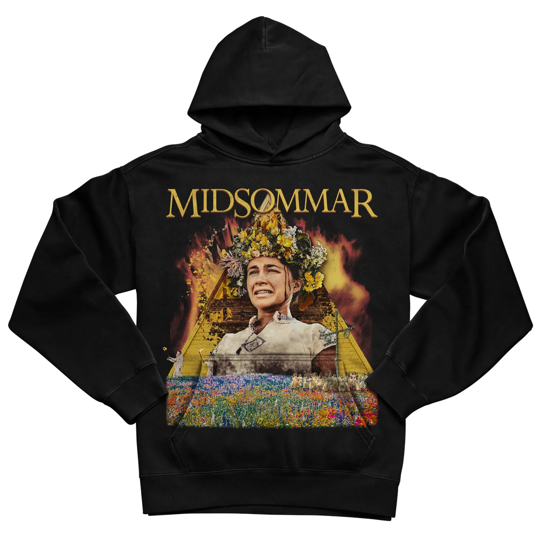 Black hoodie with ’midsommar’ graphic design featuring a woman in floral crown and wildflowers, made of cotton blend material.