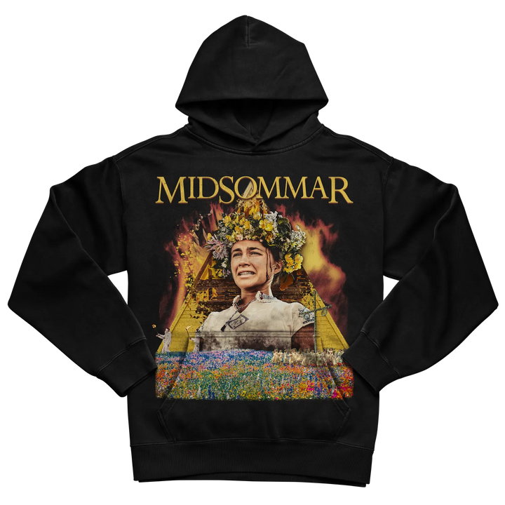 Black hoodie with ’midsommar’ graphic design featuring a woman in floral crown and wildflowers, made of cotton blend material.