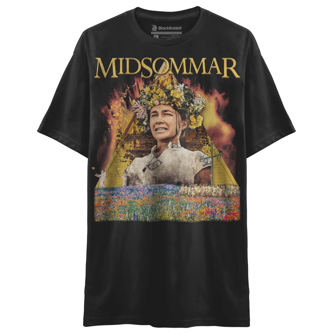Black short-sleeved Midsommar graphic t-shirt.