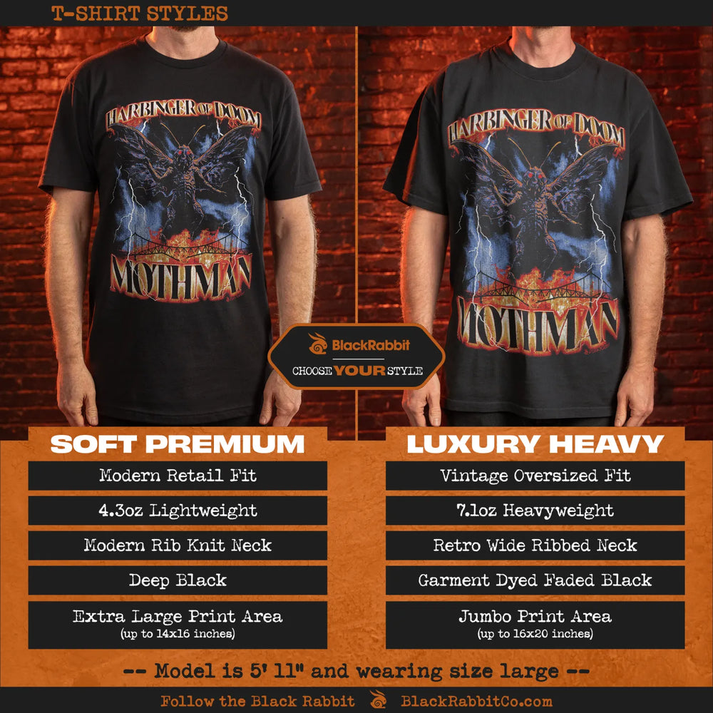 A comparison of two black t-shirts, one soft premium and one luxury heavy, both featuring a ’Mothman’ graphic design.