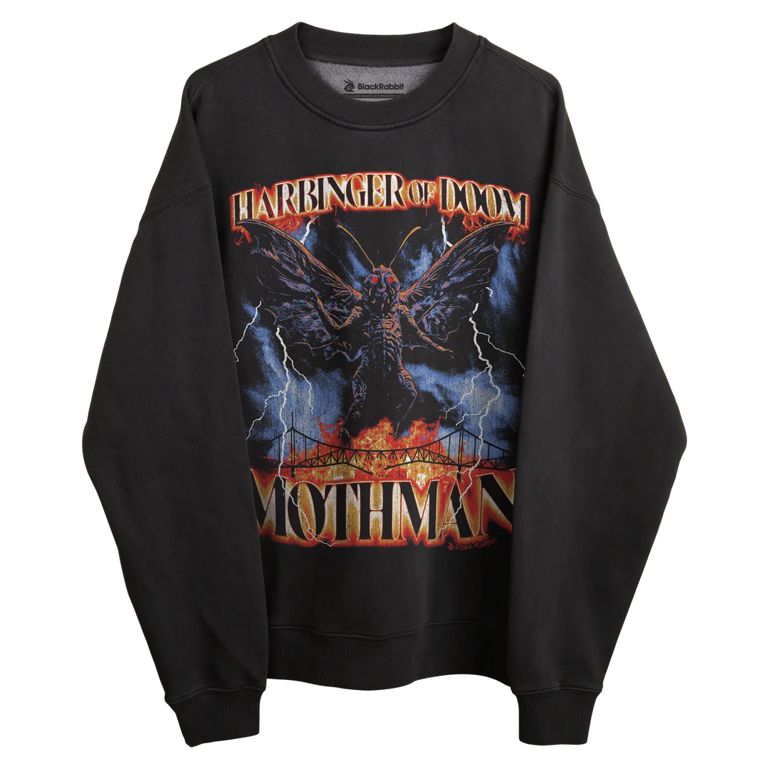 Black sweatshirt with mothman design and lightning bolts, rock rebel brand.