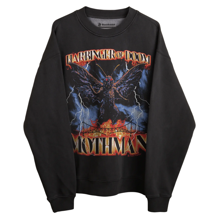 Black sweatshirt with mothman design and lightning bolts, rock rebel brand.