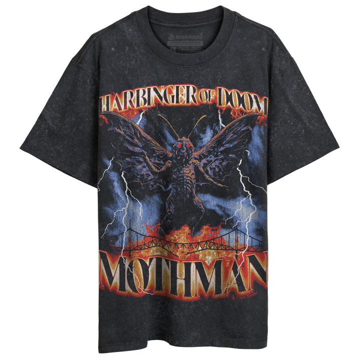 Black graphic t-shirt with a moth creature, lightning, and a bridge design.