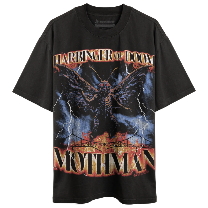 Black graphic t-shirt with a ’Mothman’ design.