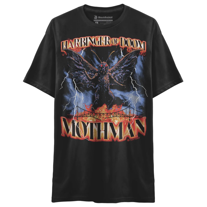 Black t-shirt with a graphic print of a winged creature, lightning, and a bridge.