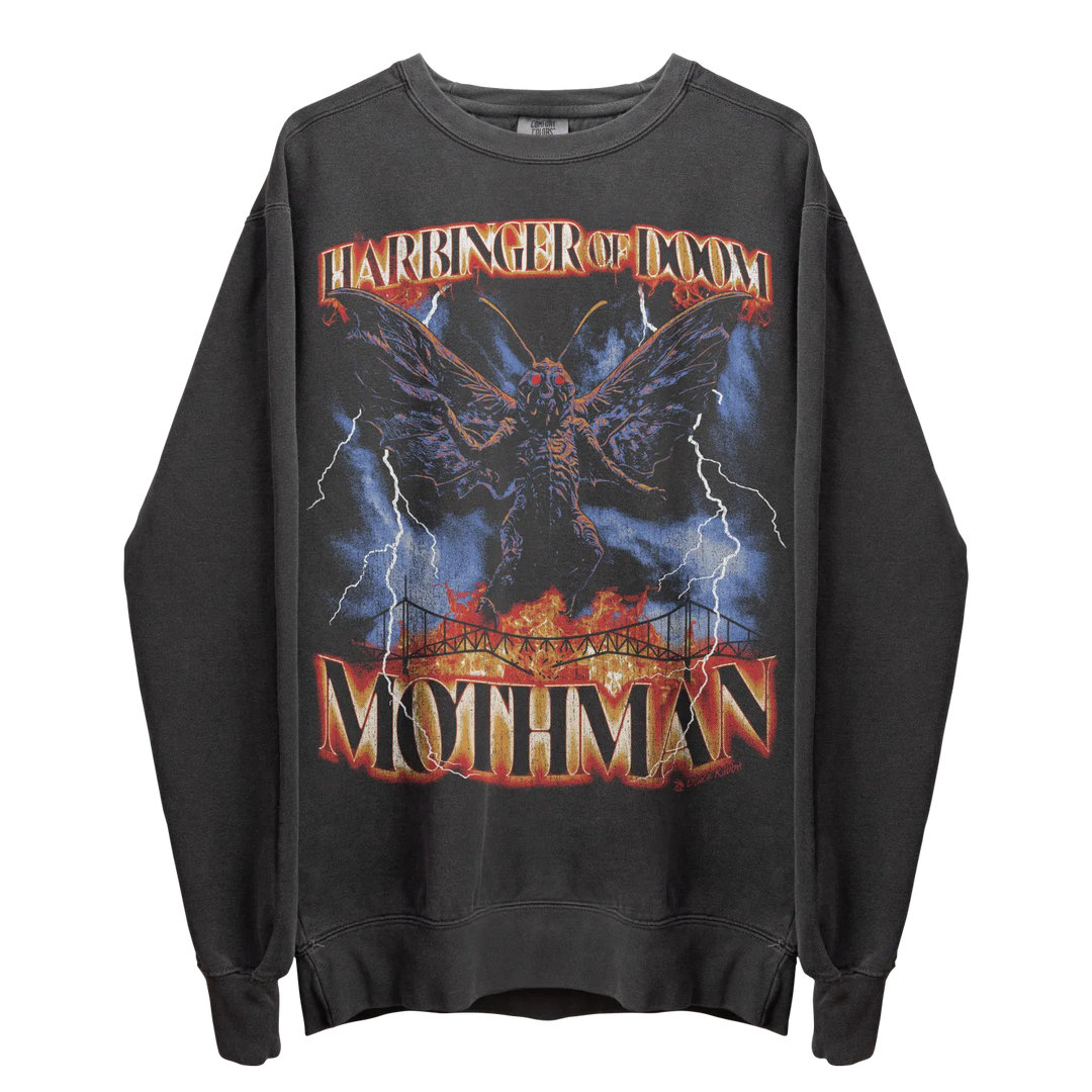 Dark gray long-sleeve crewneck sweatshirt with a graphic print of Mothman and lightning.