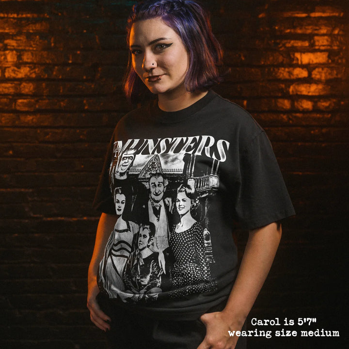 Model wearing heavy tee with munsters graphic 