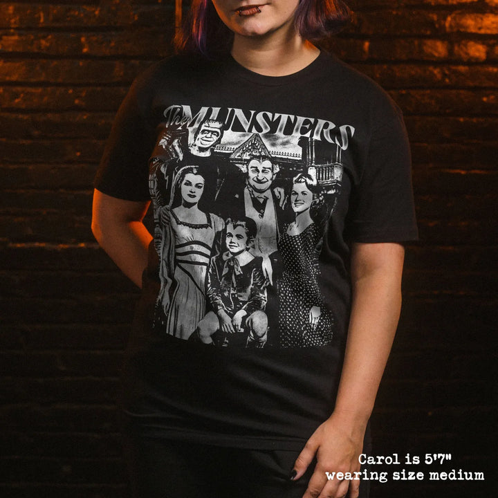 model wear soft premium tee with munsters graphic
