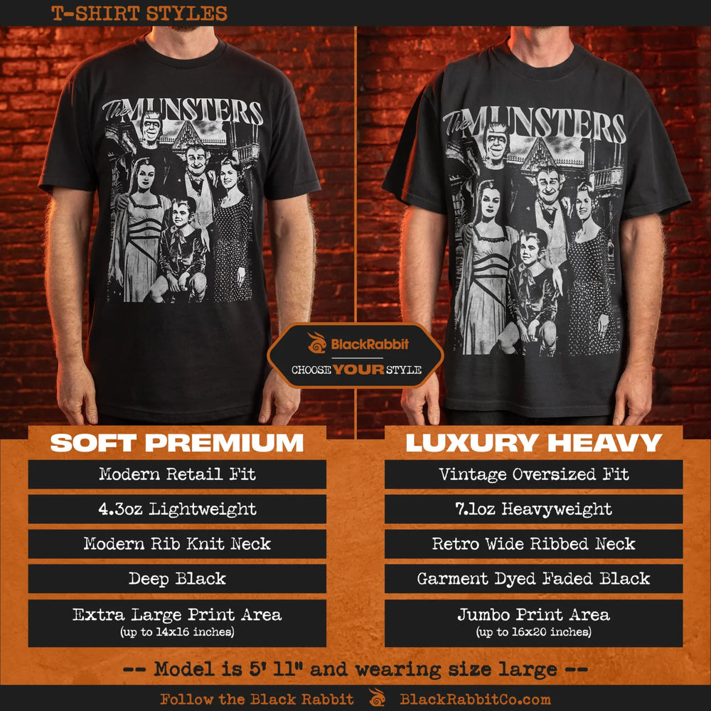 Two black t-shirts showcasing different fits and weights.