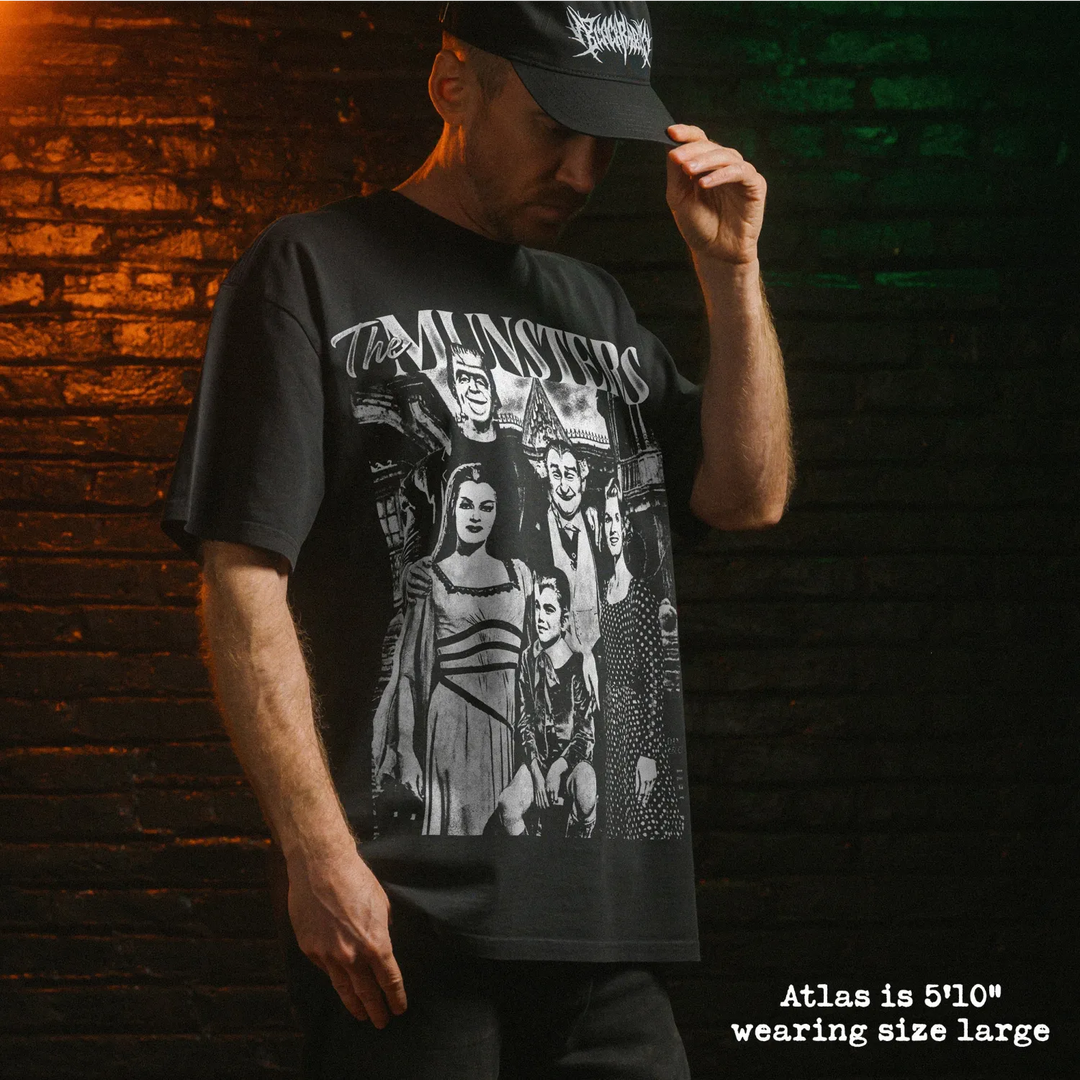 Model wearing heavy tee with munsters graphic 