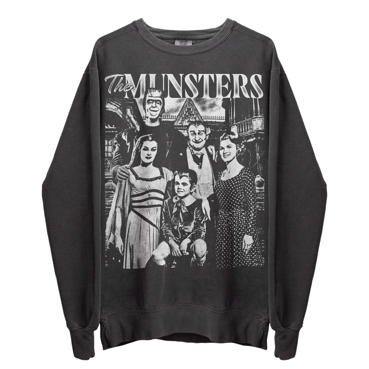 Dark grey long-sleeved sweatshirt with a black and white ’The Munsters’ graphic print.