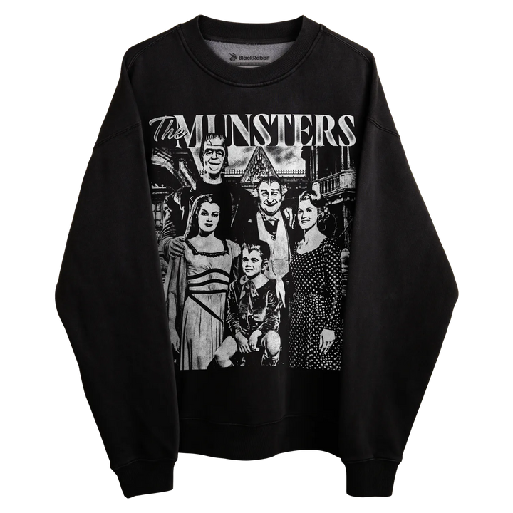 Black crewneck sweatshirt with the munsters family design, featuring the iconic characters in a monochrome illustration.