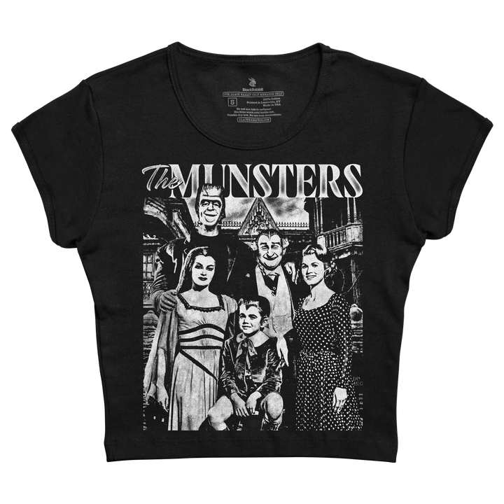 Black women’s t-shirt featuring a white graphic of the munsters family from the classic tv show.