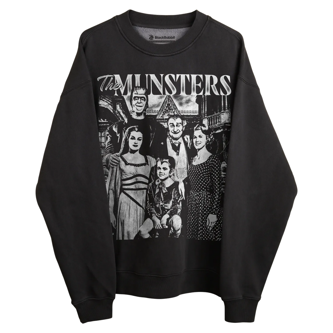 Black crewneck sweatshirt with the munsters family design and logo.