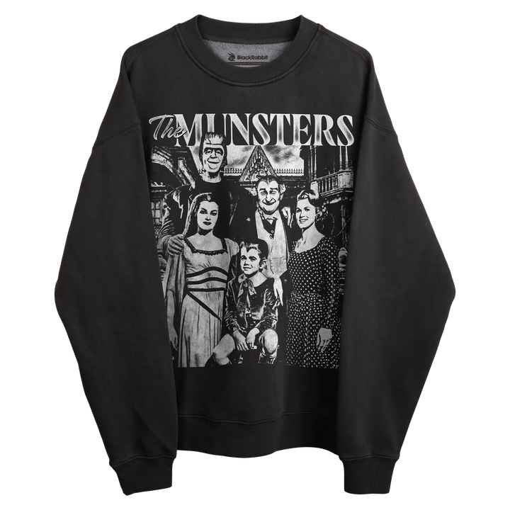 Black crewneck sweatshirt with the munsters family design and logo.