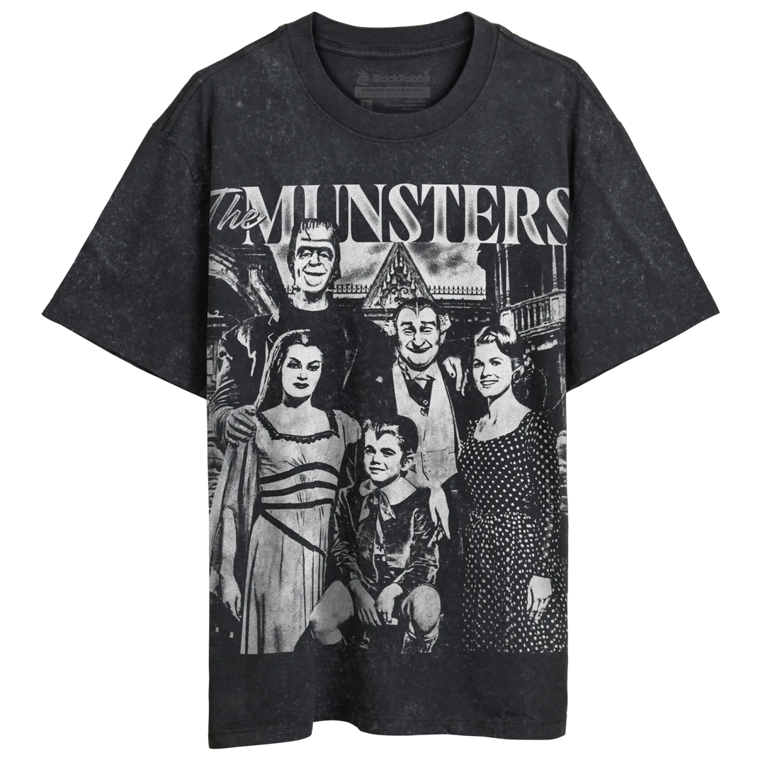 Dark grey short-sleeve t-shirt with a black and white graphic print of The Munsters family.