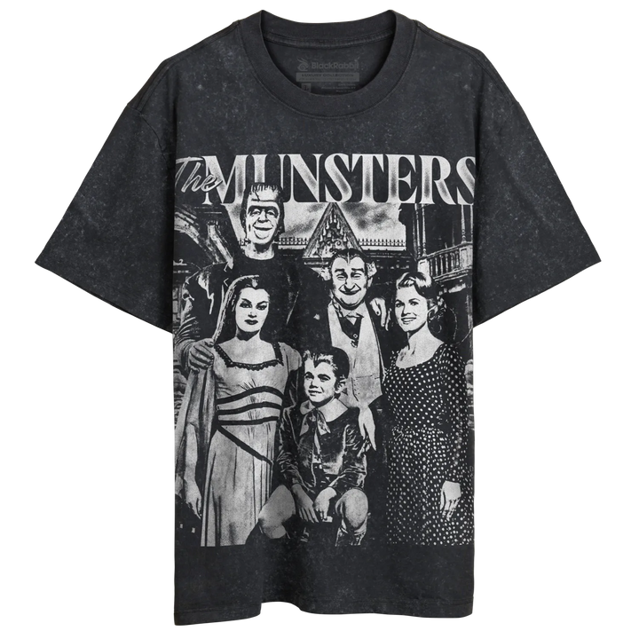 Dark grey short-sleeve t-shirt with a black and white graphic print of The Munsters family.