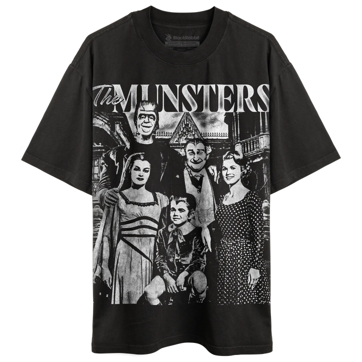 Black t-shirt with a monochrome graphic print of The Munsters family.