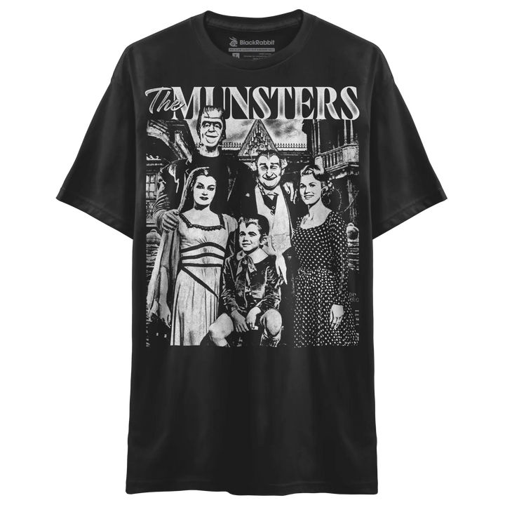 Black t-shirt with ’The Munsters’ family portrait graphic.