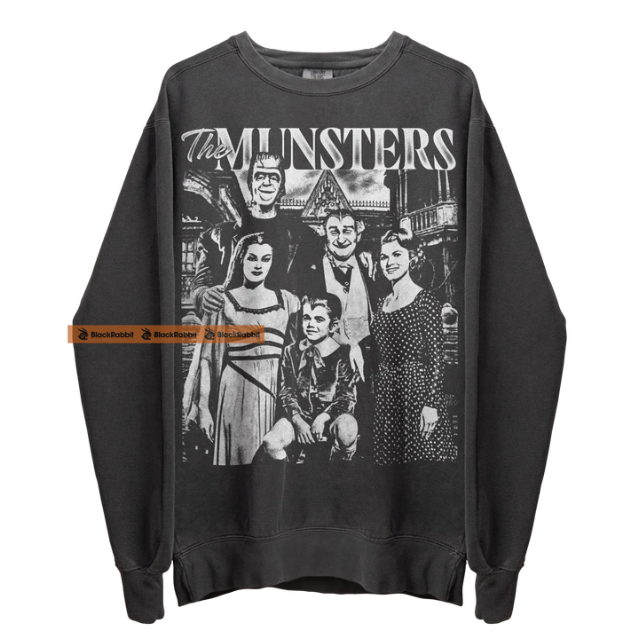Gray Munsters sweatshirt.