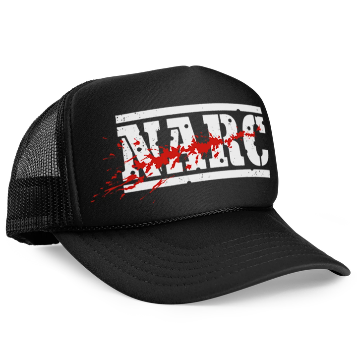 Black trucker hat with ’NARC’ graphic.