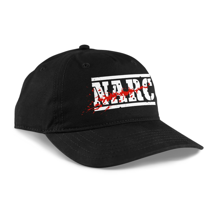 Black baseball cap featuring a bold white ’marc’ logo with red splatter design.