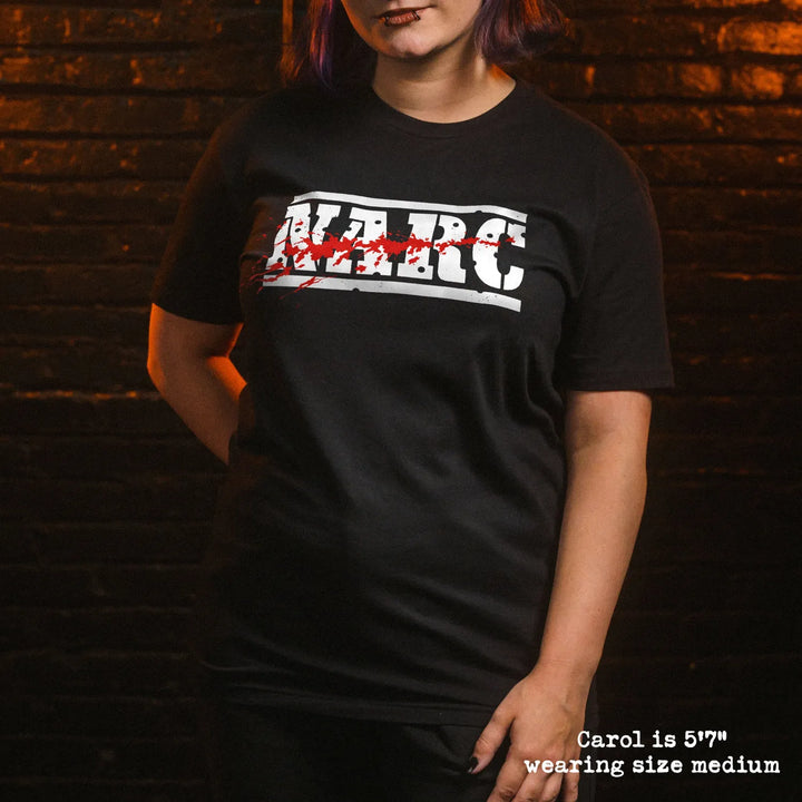 model wear soft premium tee with narc graphic
