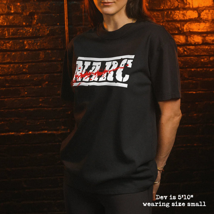 Model wearing heavy tee with narc graphic 