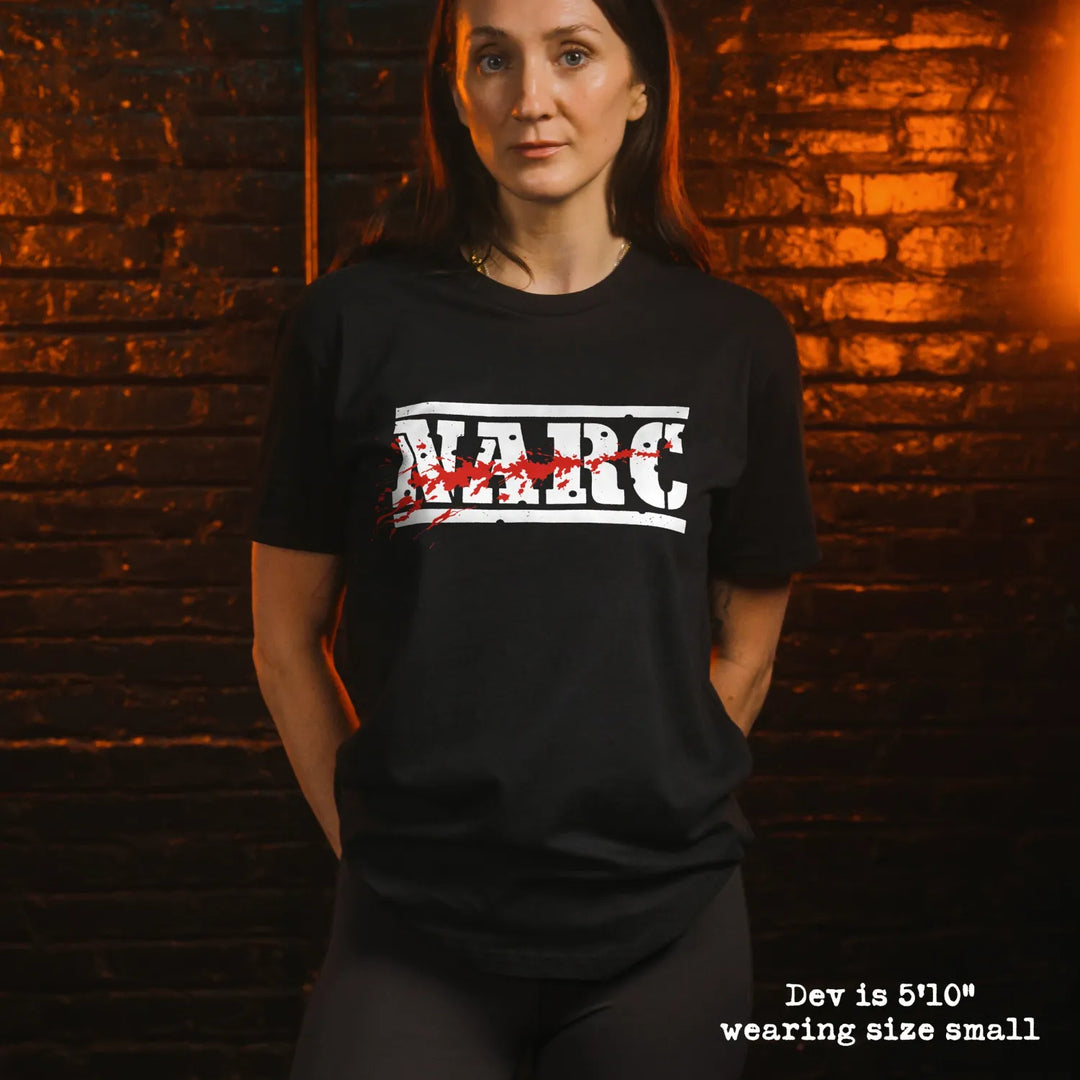 model wear soft premium tee with narc graphic
