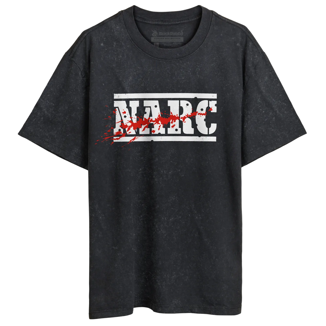 Black distressed cotton unisex t-shirt with bold white narc lettering and red splatter arcade game design preshrunk combed