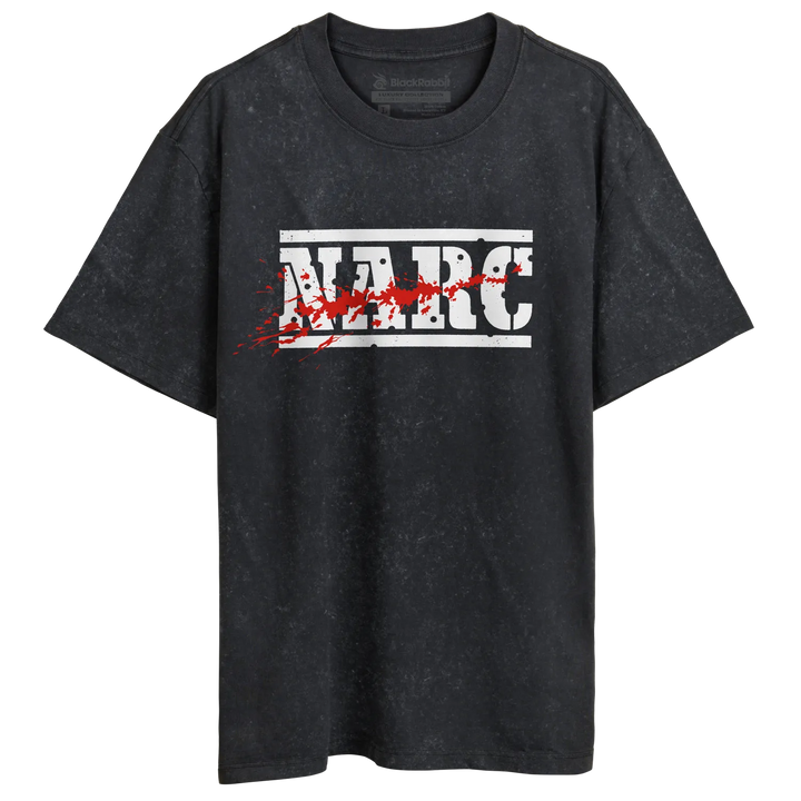 Black distressed cotton unisex t-shirt with bold white narc lettering and red splatter arcade game design preshrunk combed