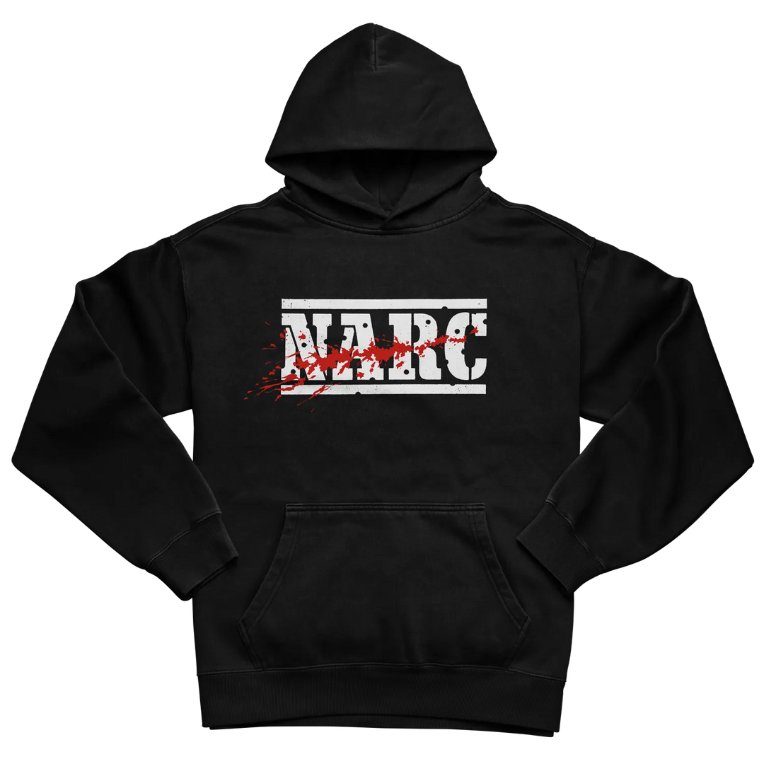 Black hoodie with narc arcade game logo and red splatter design made from preshrunk combed fabric for retro gamers