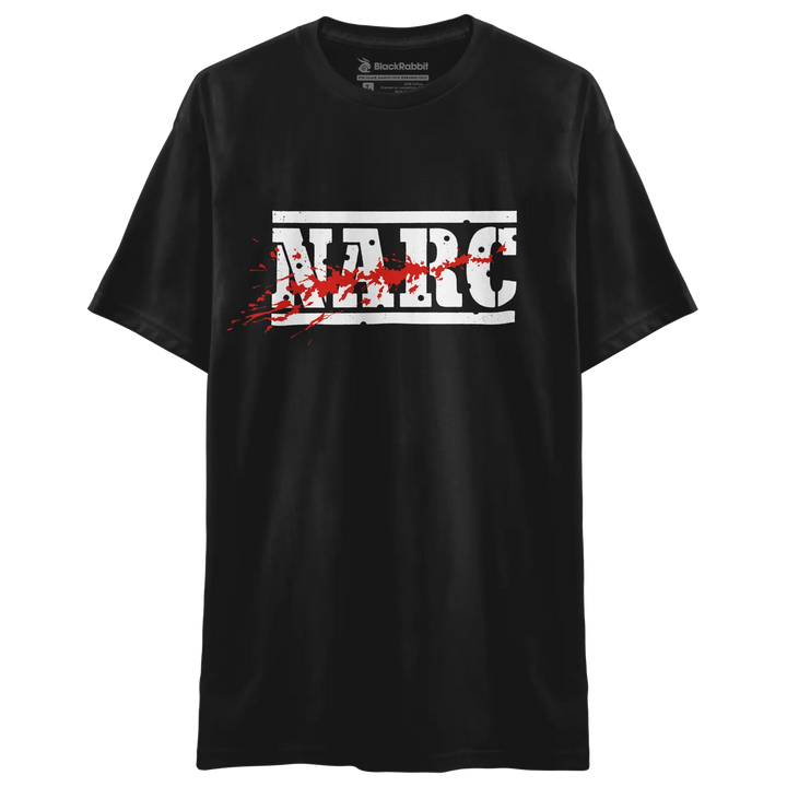 Black short-sleeved preshrunk combed t-shirt with bold white narc arcade game logo and red splatter effects across chest