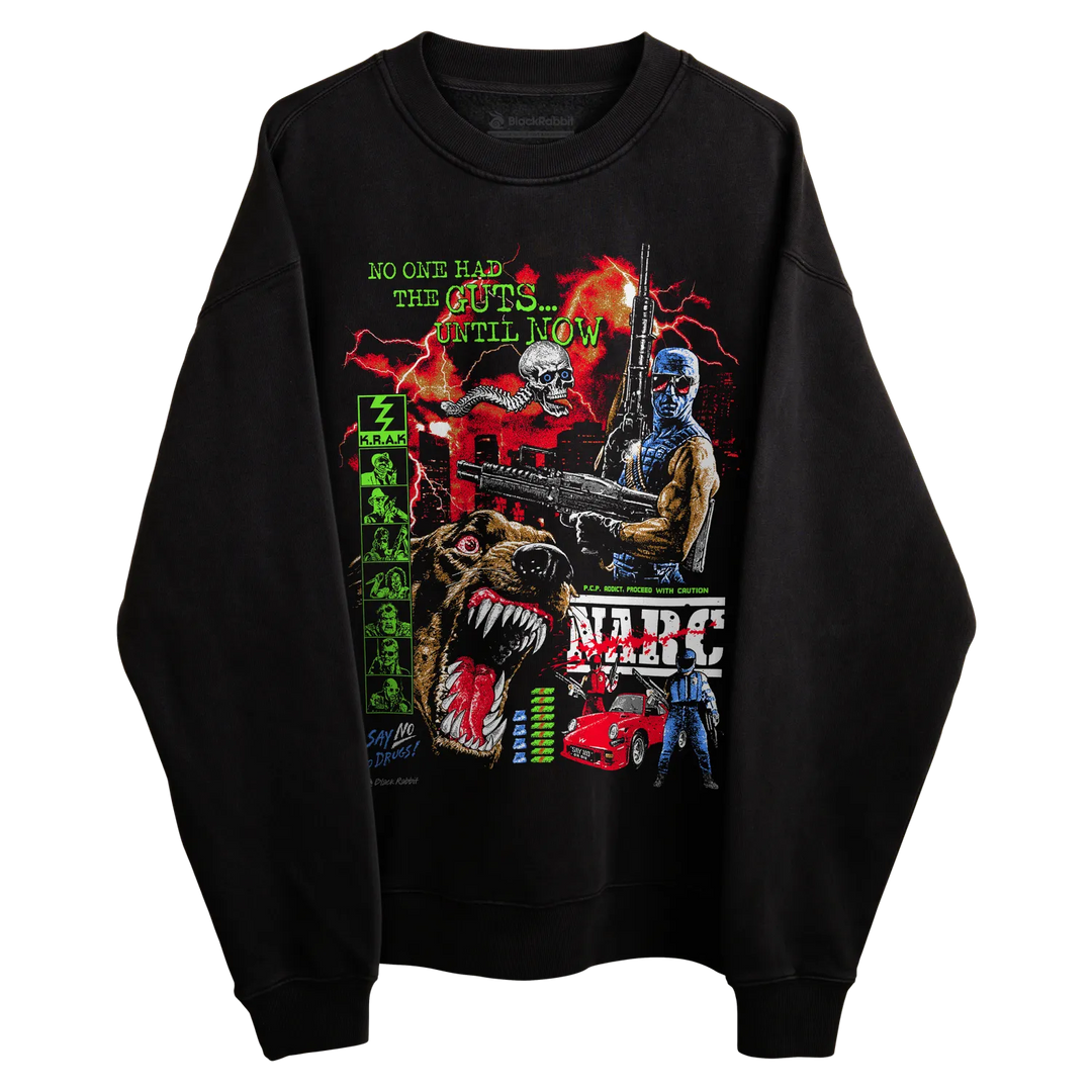Black Rabbit's Black Crewneck Sweatshirt with colorful NARC Arcade print.