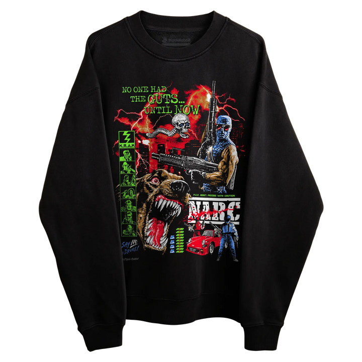Black Rabbit's Black Crewneck Sweatshirt with colorful NARC Arcade print.