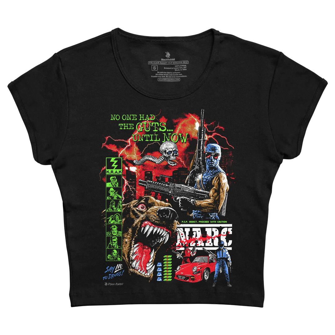 Black Rabbit Women's Crop Baby Tee in Black with NARC Arcade print.